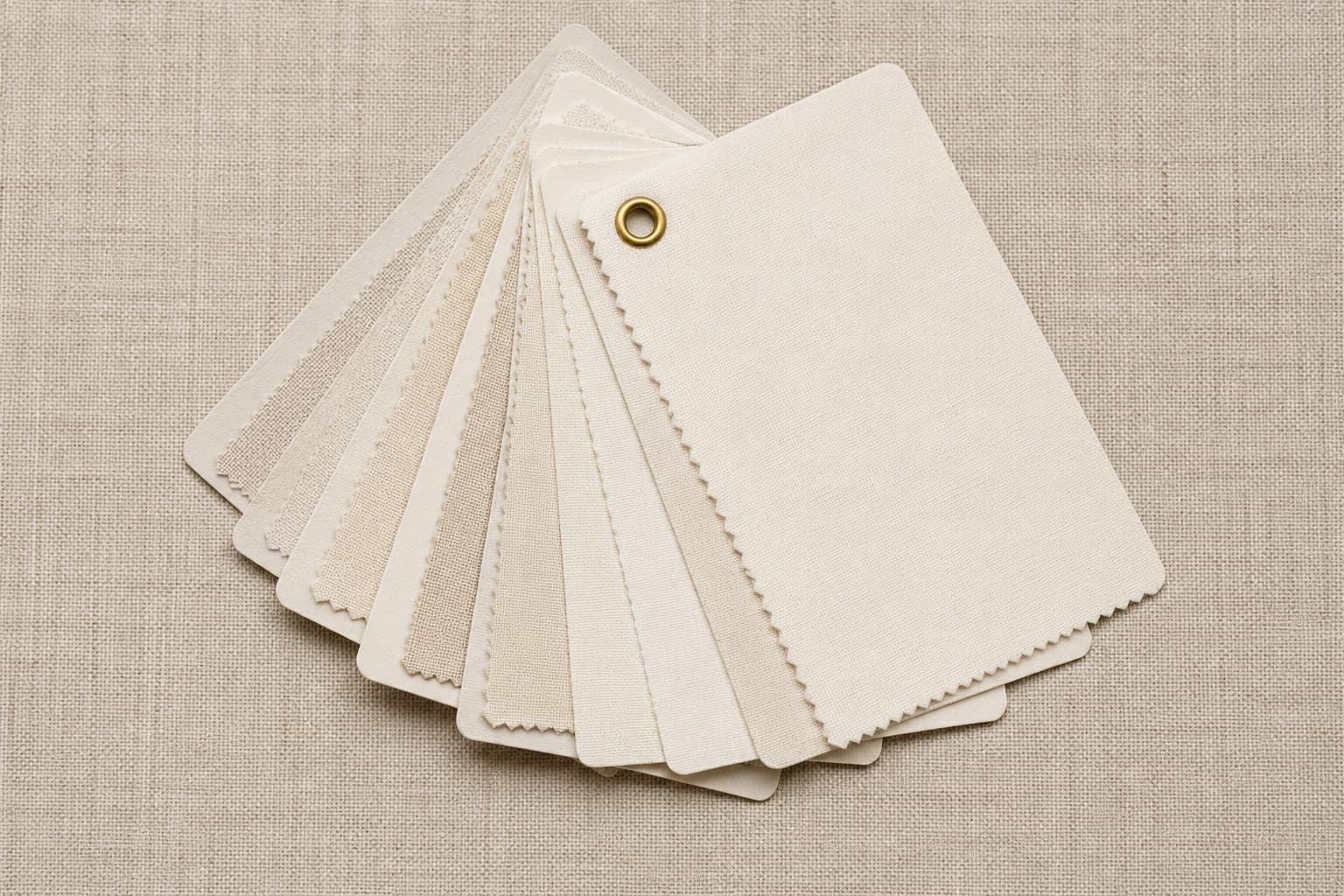 A fan of blank unprinted swatch cards held together with a brass eyelet at one corner.
