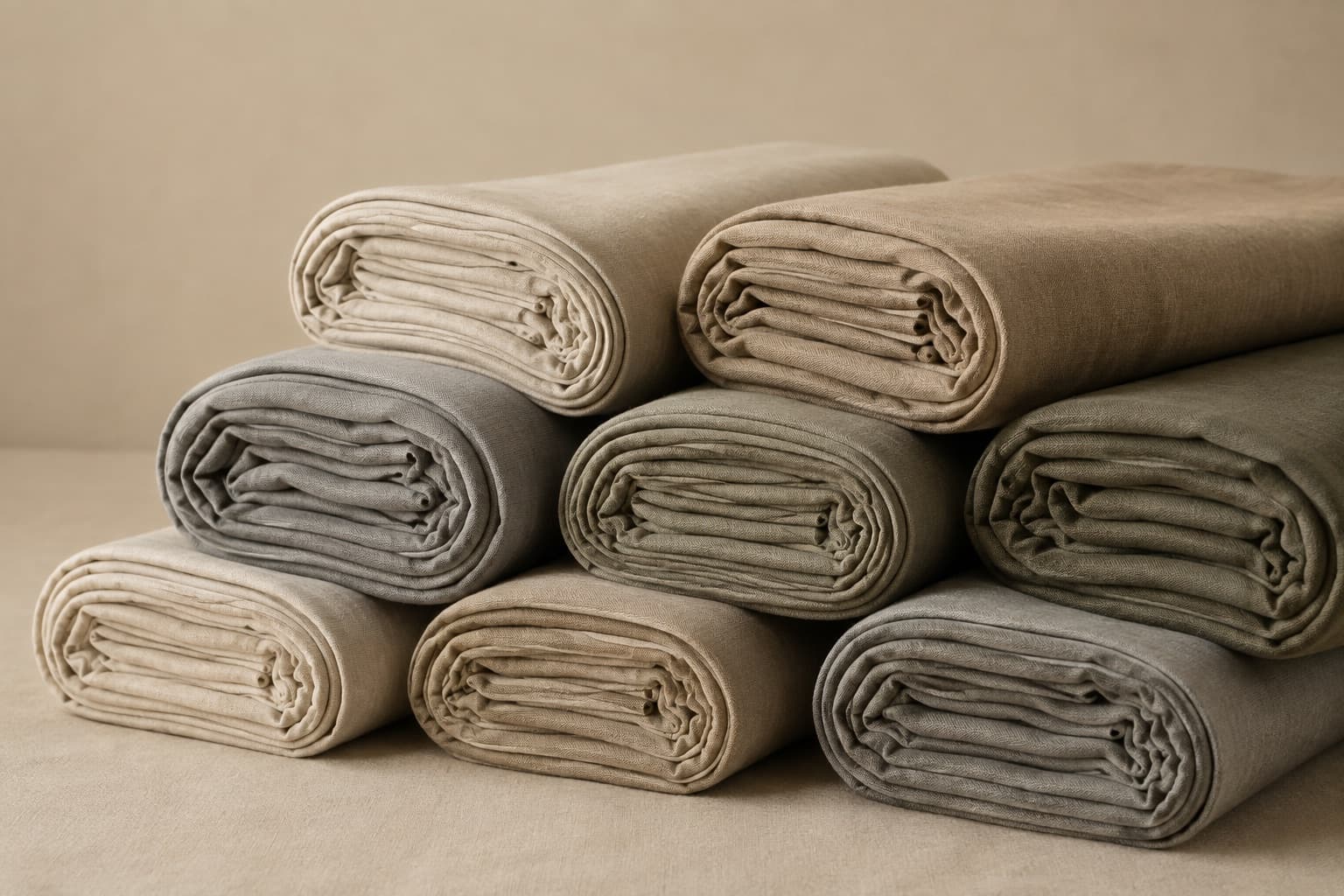 Several rolled bolts of folded cloth stacked on their sides, cut ends facing the camera.