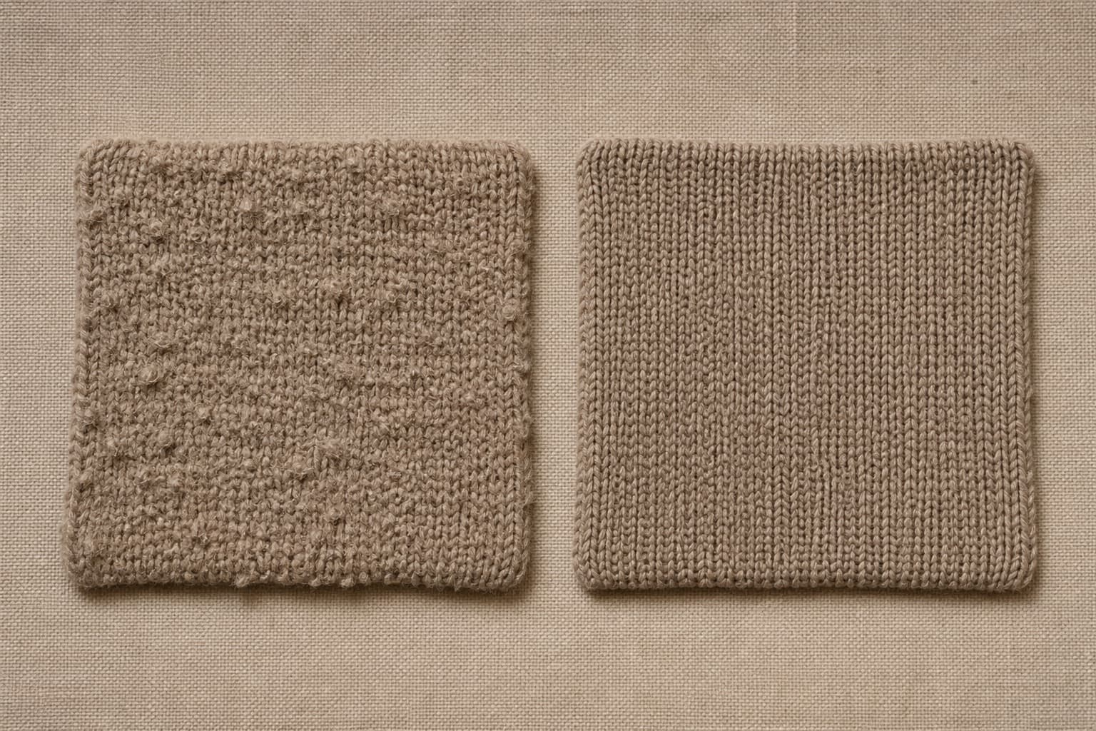 Two knitted cotton swatches side by side in close-up. The left shows visible pilling and a raised fuzzy surface; the right is smooth with clean stitch definition.