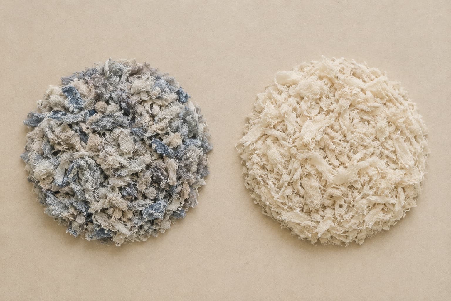 Two equal round piles of shredded textile fibre side by side. The left pile is mixed in colour with greys and faded blues; the right pile is a uniform pale ecru.