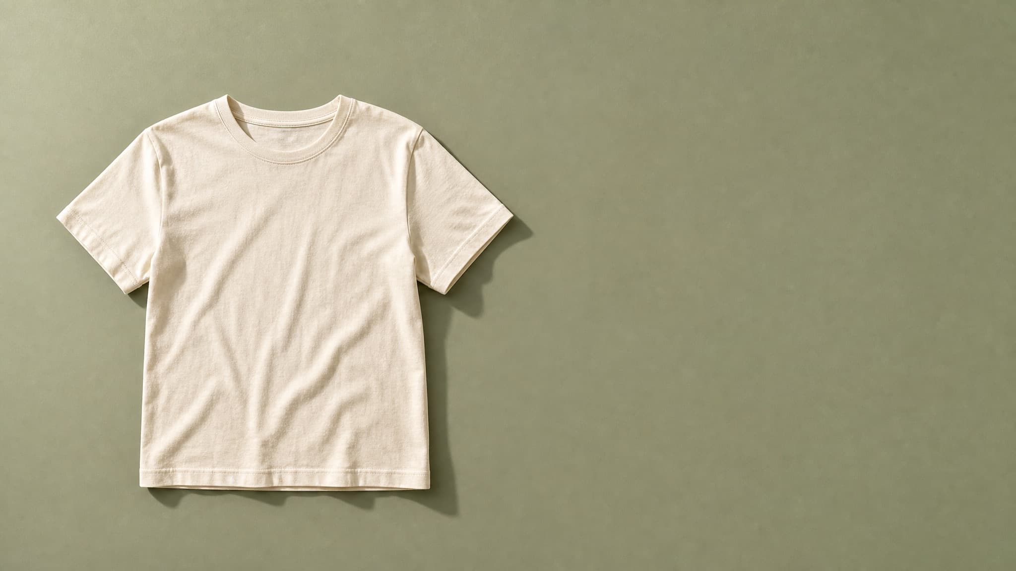 An ecru cotton t-shirt laid flat on a muted olive-grey ground, photographed from directly above.
