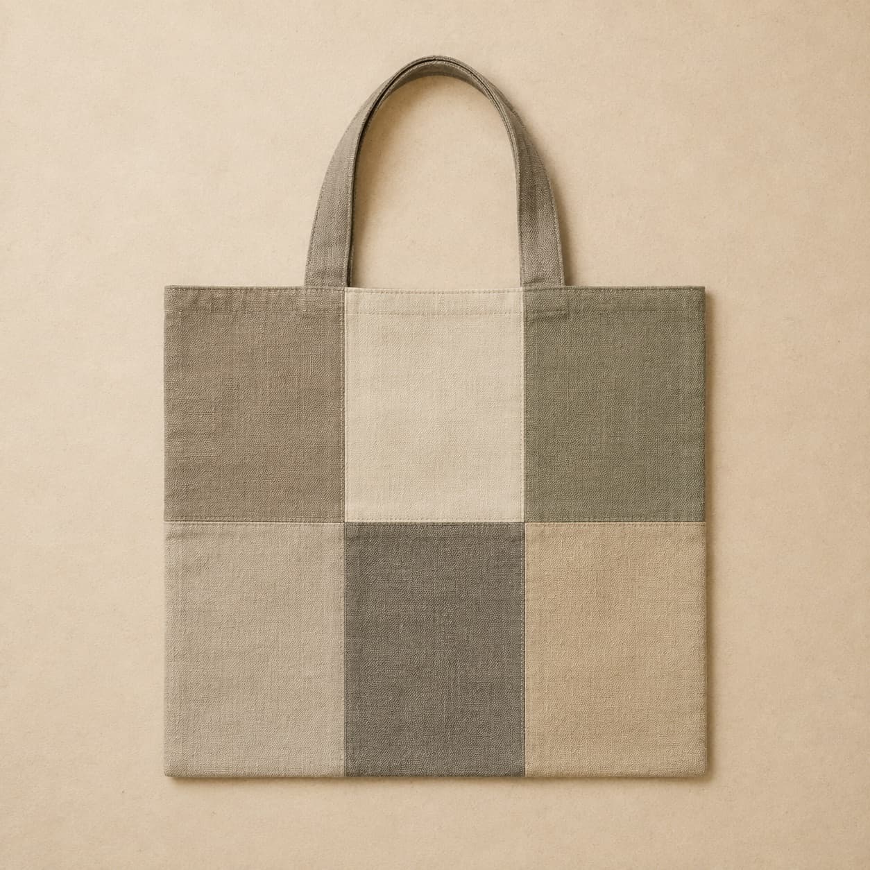 Flat tote bag pieced together from rectangular fabric panels in different tones of grey and sand.