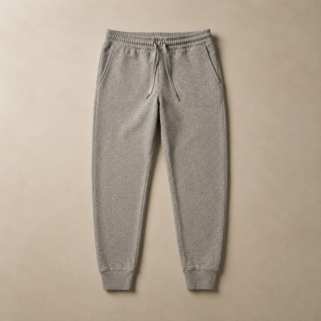 Grey melange tapered joggers laid flat with ribbed ankles.
