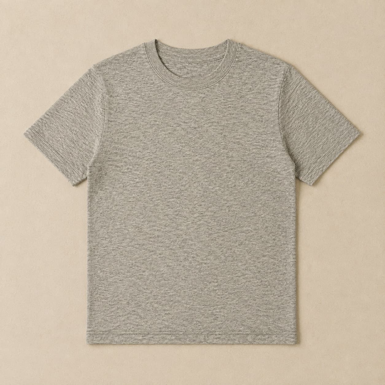 Grey melange short-sleeve tee laid flat.