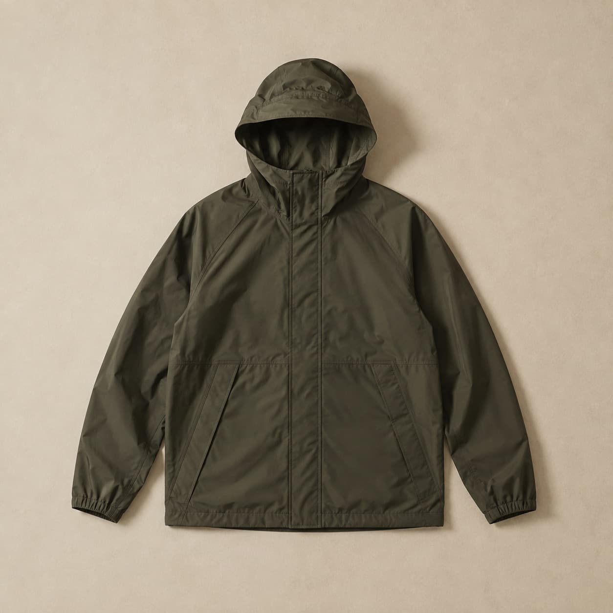 Dark olive full-zip hooded shell laid flat, hood spread at the top.