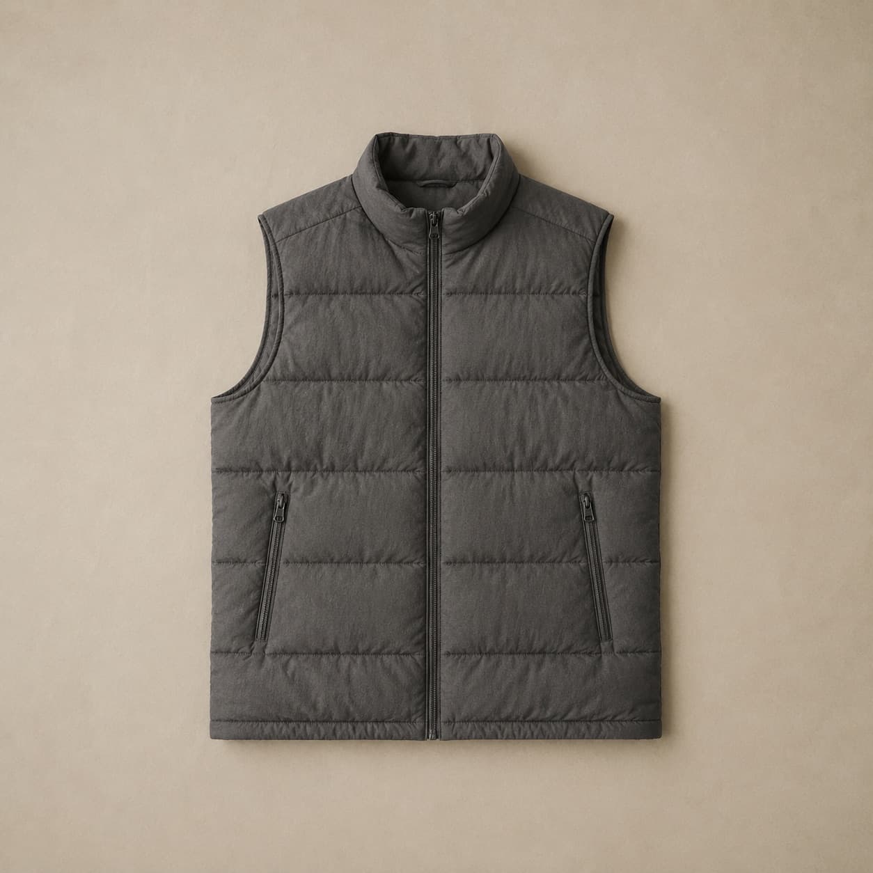 Dark grey quilted sleeveless gilet laid flat showing four horizontal quilt channels.