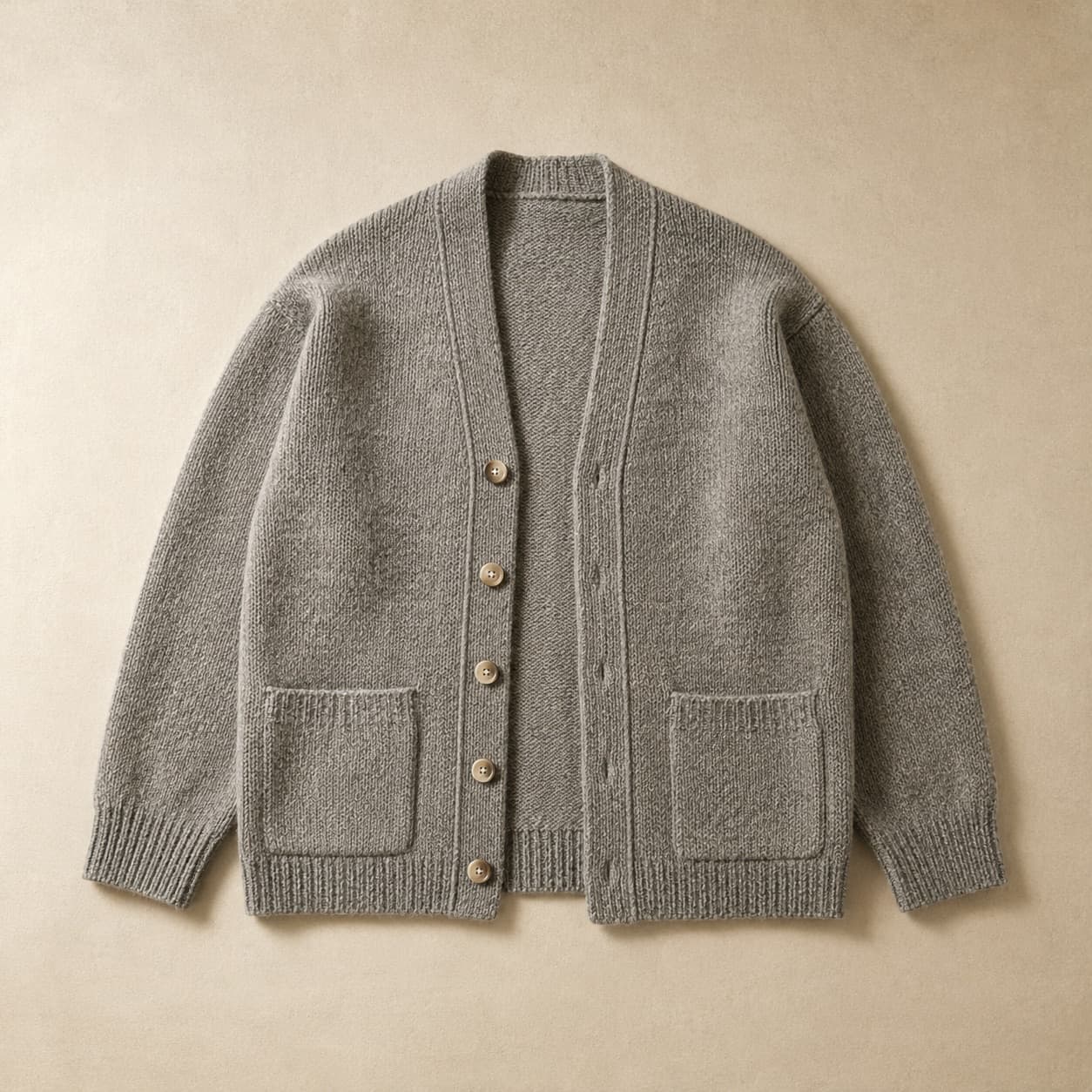 Heather grey buttoned cardigan laid flat and open, five buttons visible on the band.