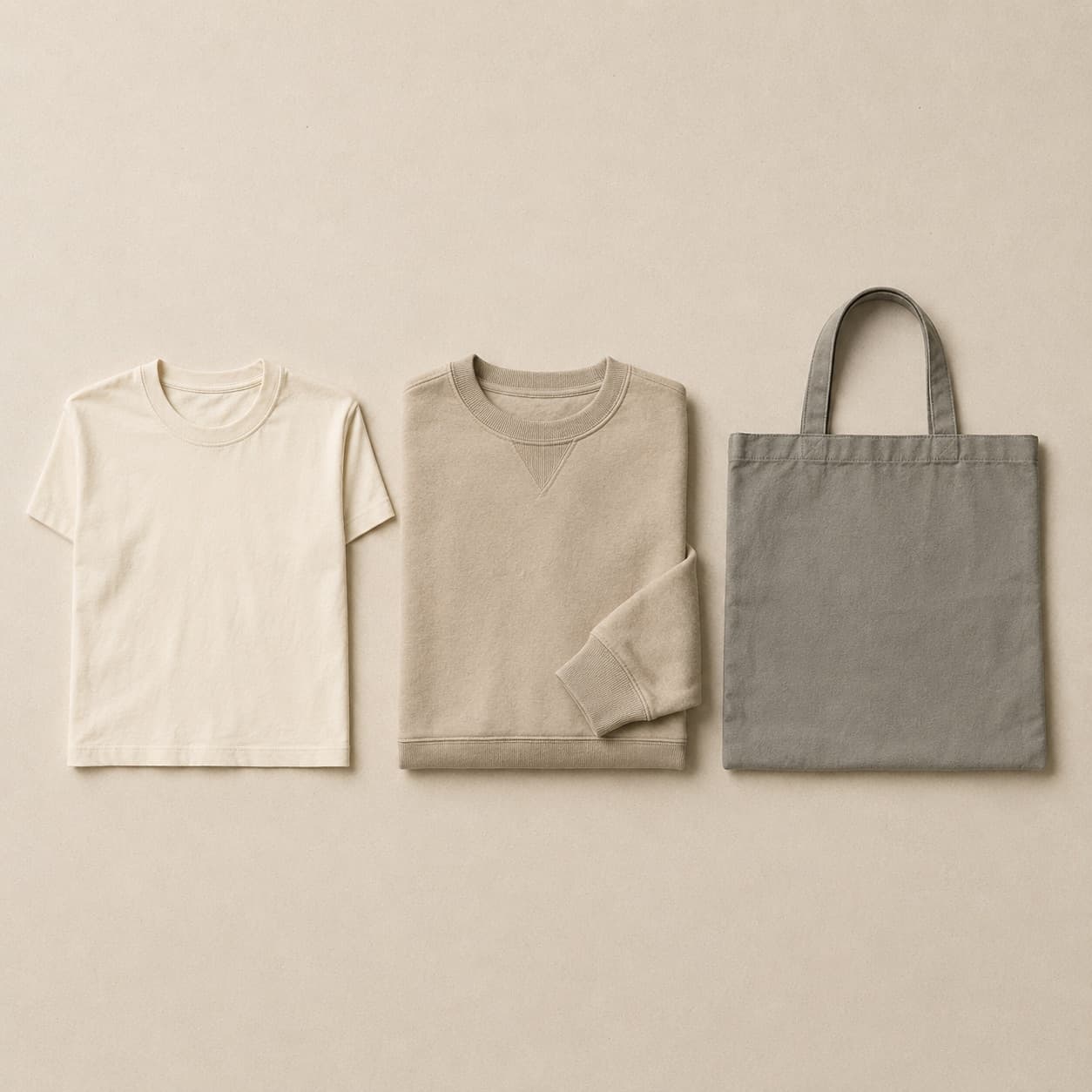 A tee, a sweatshirt and a canvas tote laid flat side by side.